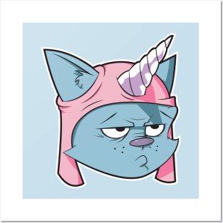 blue cat with a pink Unicorn hat Posters and Art